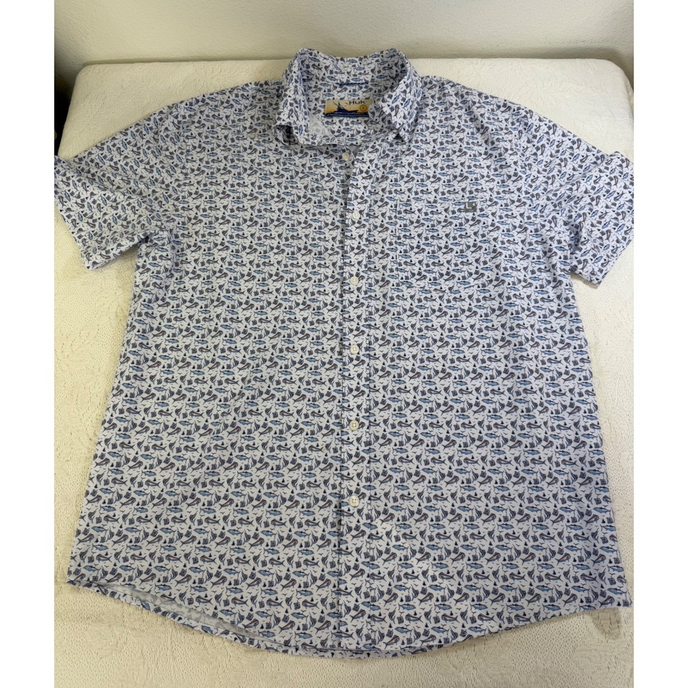 Huk Mens Fishing Shirt Large All Over Print Tuna Swordfish Graphic Short Sleeve